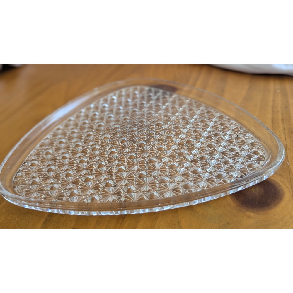 Vintage Clear Pressed Glass Triangular Trinket Dish Starburst Pattern 9 Inch